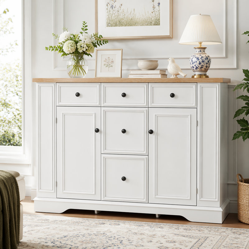 Buffet avec rangement, console de cuisine avec 5 tiroirs, 2 armoires, tablettes réglables, buffet, White