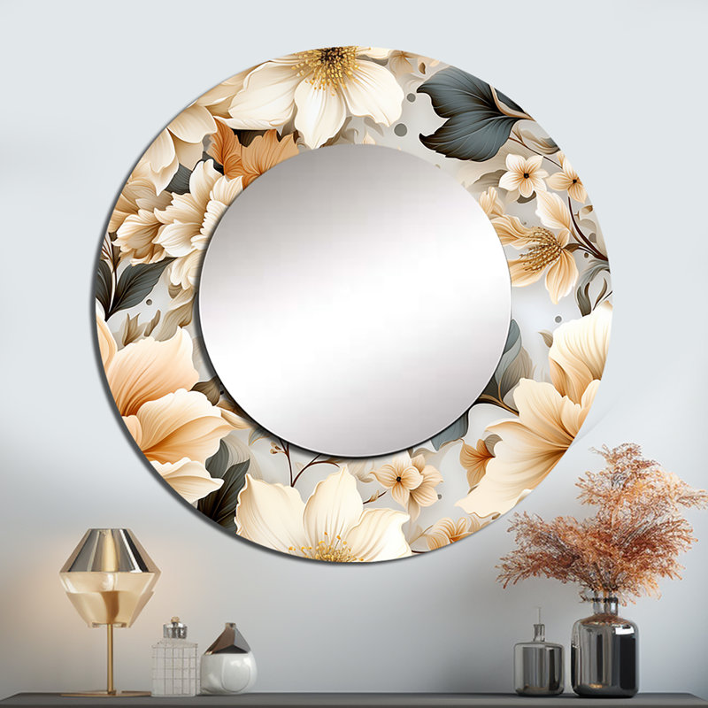 Ethereal Blue And White Chrysanthemum Boho Pattern - Floral Unique Wall Mirror, Cottage Round Mirror, Printed Metal Art