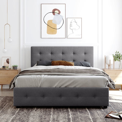 Lit plateforme tapissier gris foncé, grand lit avec 4 tiroirs et classique, sans sommier, revêtement en lin, tête de lit à structure en bois massif, gris. Taille. Ressort nécessaire. Support de panneau de particules.