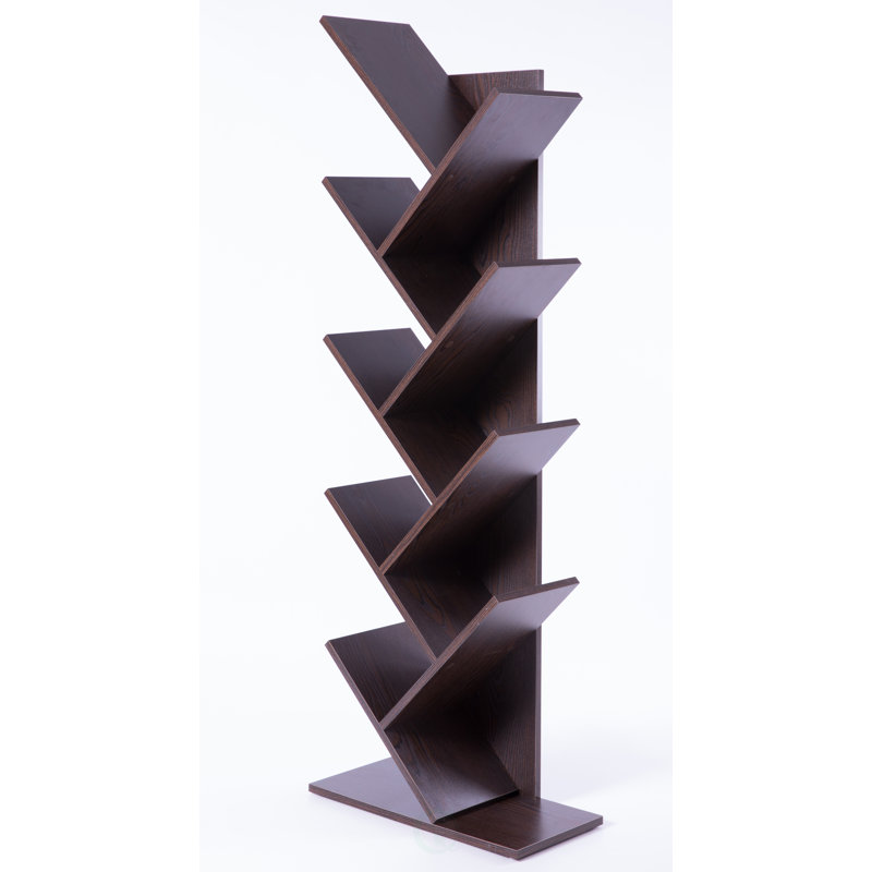 Korou Wood Geometric Bookcase, (9 Shelves) 55" H x 19.5" W x 9.25" D, Brown