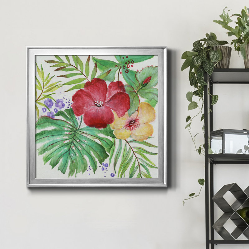 Fleurs tropicales - Peinture sur toile encadrée, Toile encadrée argentée, H 16 po x l 16 po x p 1 po