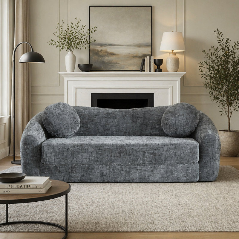 Canapé inclinable convertible de 86 pouces incurvé, canapé-lit pliant sans cadre 2 en 1 avec base coulissante et assise profonde, canapé inclinable en chenille à deux places, aucun assemblage requis gris