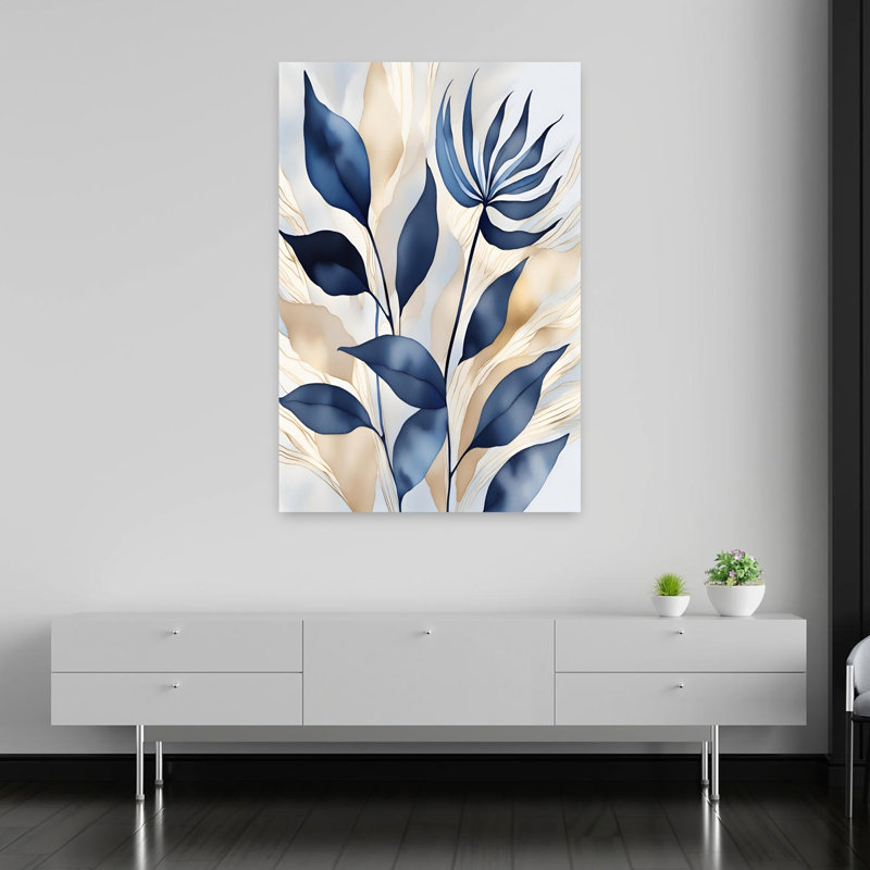Élégante affiche murale abstraite minimaliste moderne représentant des plantes bleues dans un paysage naturel.