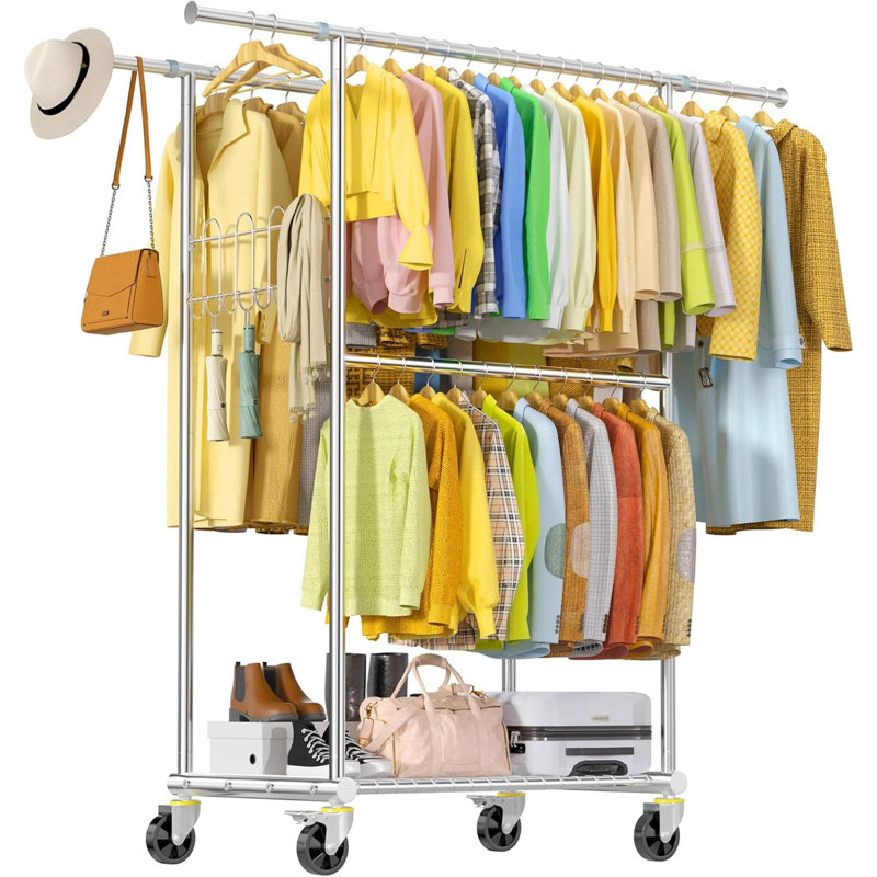 Heavy Duty Stainless Steel Rolling Garment Rack with Shelves and Hooks