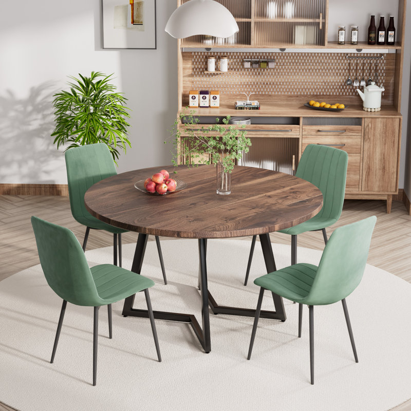 Ensemble de table de salle à manger ronde avec chaises en tissu d'ameublement en velours, 5, Noyer, Vert