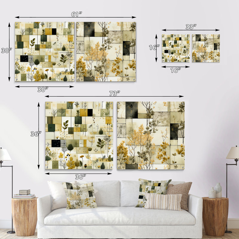 «Green Cubic Botanical Dreams» - Ensemble de 2 verres muraux abstraits en acrylique, H 16 po x l 33 po