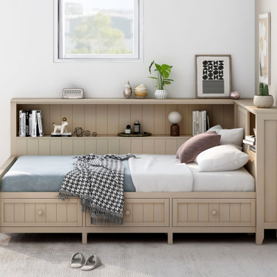 Lit de jour simple avec tablettes de rangement et 3 tiroirs, blanc antique, structure en bois, aucun sommier blanc requis