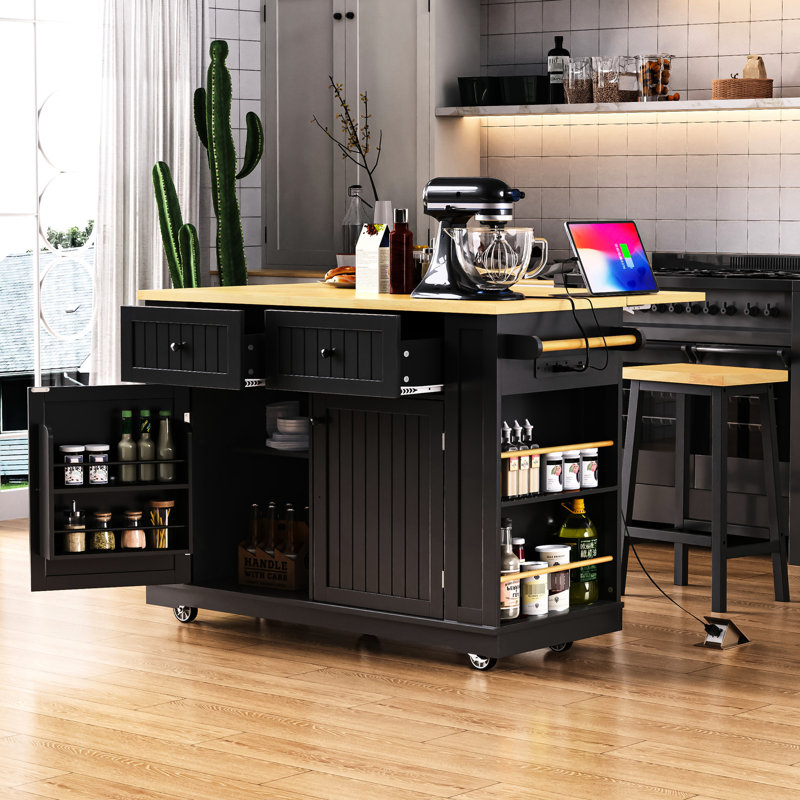Îlot de cuisine 48 po avec abattant et compartiments internes. Prises de courant pour chariot roulant, entrée modèle noir et finition