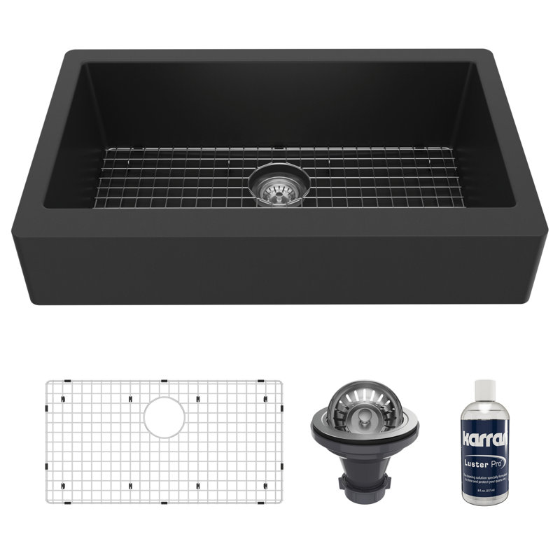 Karran Quartz 34'' X 21-1/4'' Single Bowl Retrofit Farmhouse/Apron Front Kitchen Sink Kit, Black