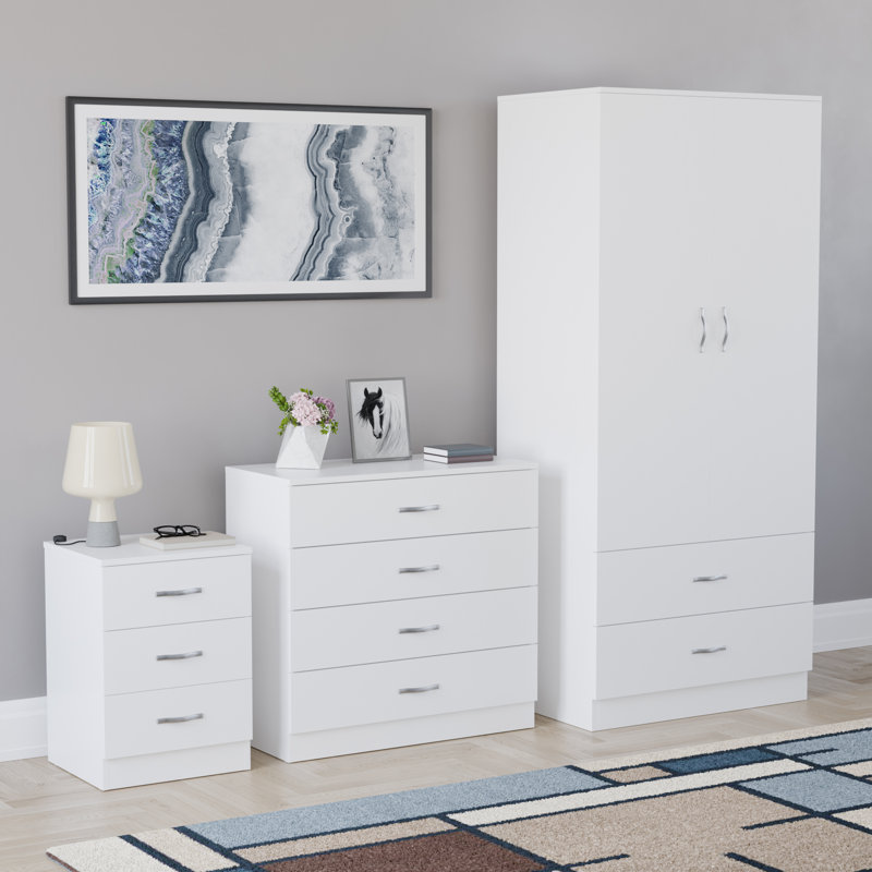 Maybery 3 Piece Bedroom Set (3 Drawer Bedside Chest, 4 Drawer Chest, 2 Door 2 Drawer Wardrobe), (4), White