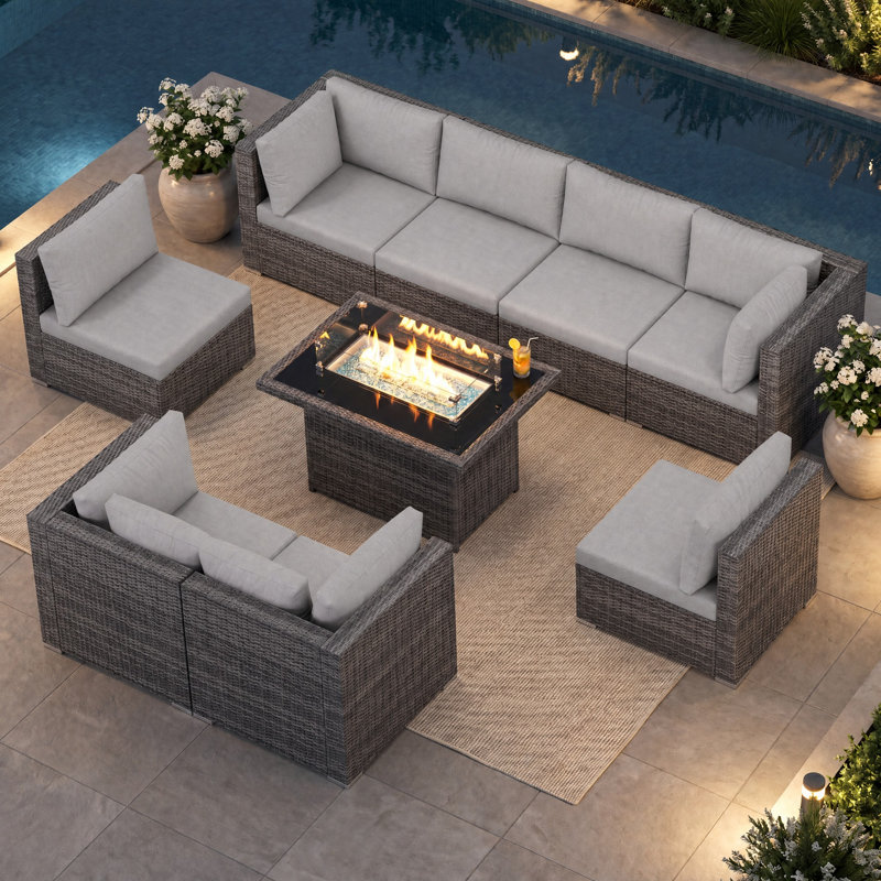 9-Piece PE Wicker Patio Conversation Set with Rectangular Fire Pit Table, Modular Sectional, Dual-Fuel, 60,000 BTU, Dark Gray