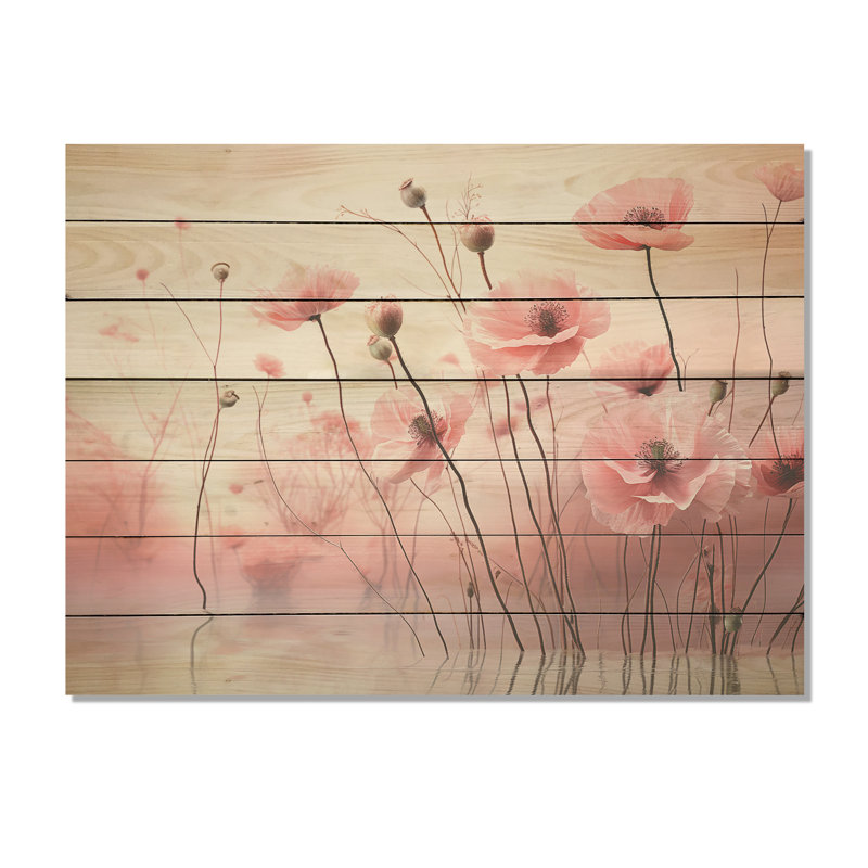 «Pink Dawns Blush Pink Poppies Awakening» - Impression de coquelicots sur bois, H 10 po x l 20 po