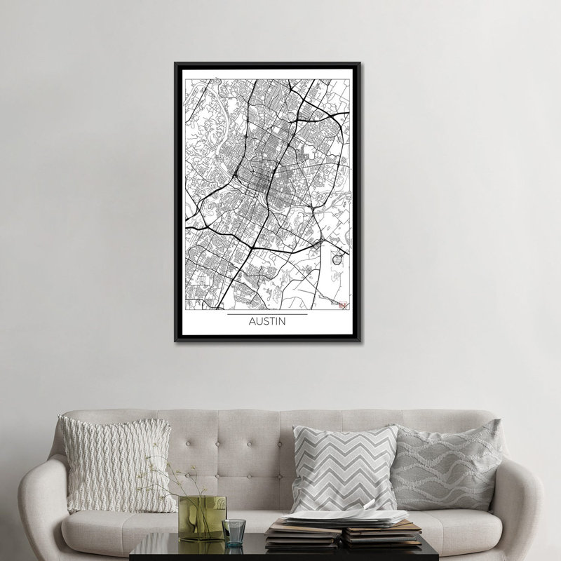 «Austin Minimal Urban Blueprint Map», reproduction d'impression sur toile, H 48 po x l 32 po x P 1,5 po, Pas de tapis