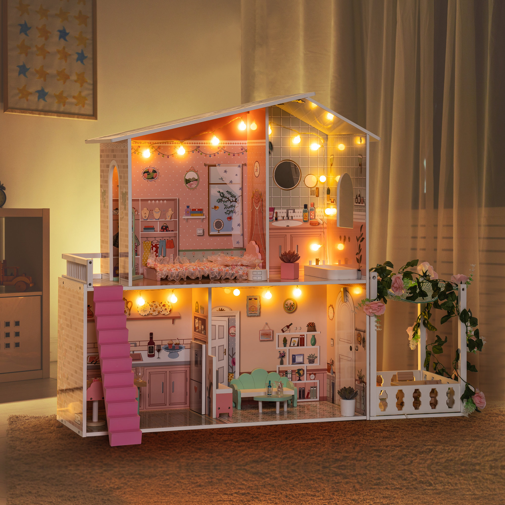 Hape Little Room Pretend Play 3 Story Wooden Doll House W/ Light