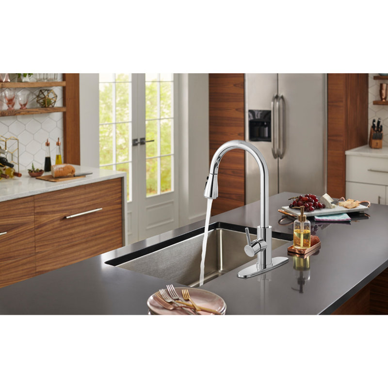 Robinet de cuisine rétractable à poignée simple avec douchette, Chrome poli