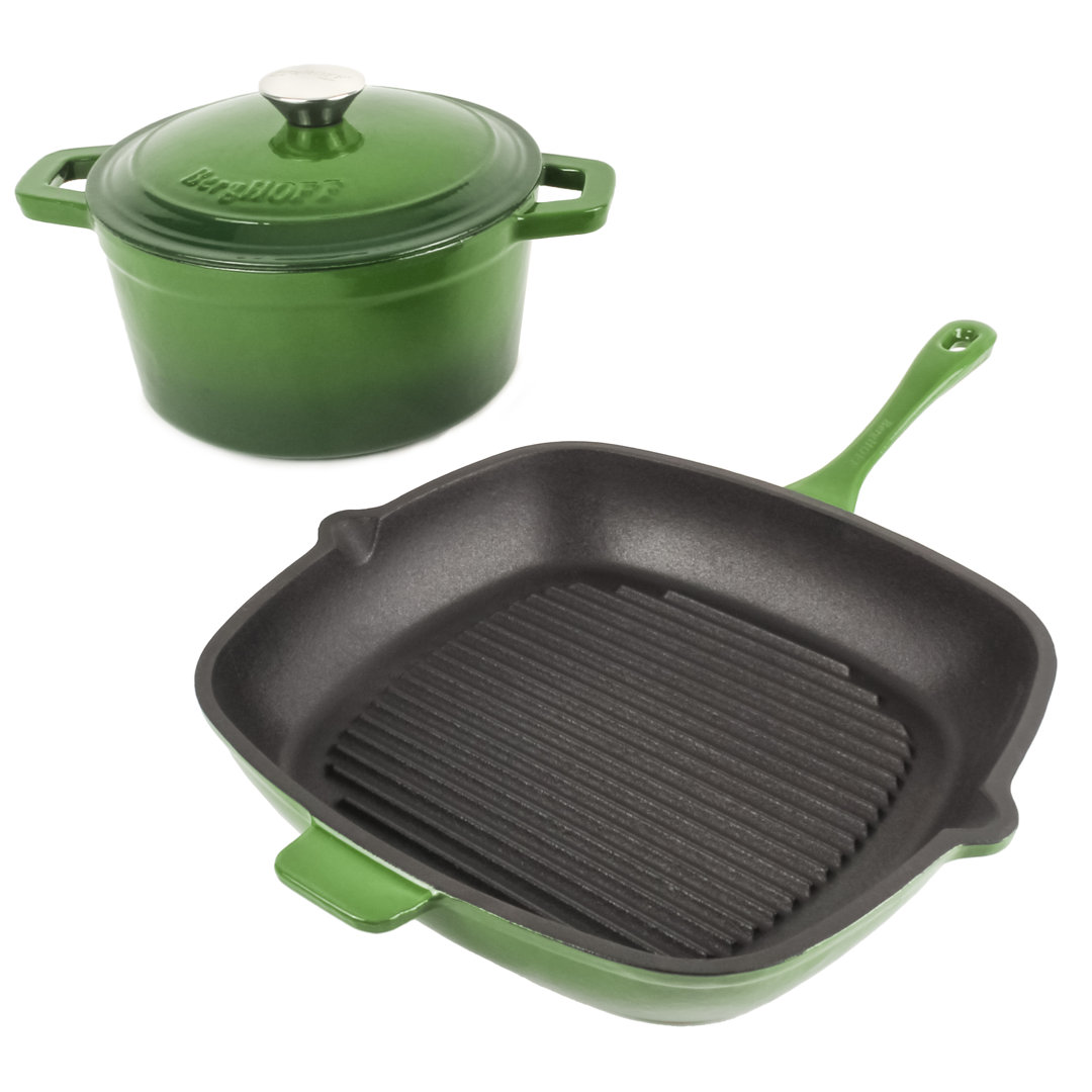 BergHOFF Neo 3pc Cast Iron Cookware Set, Grill Pan & Round Dutch Oven BergHOFF