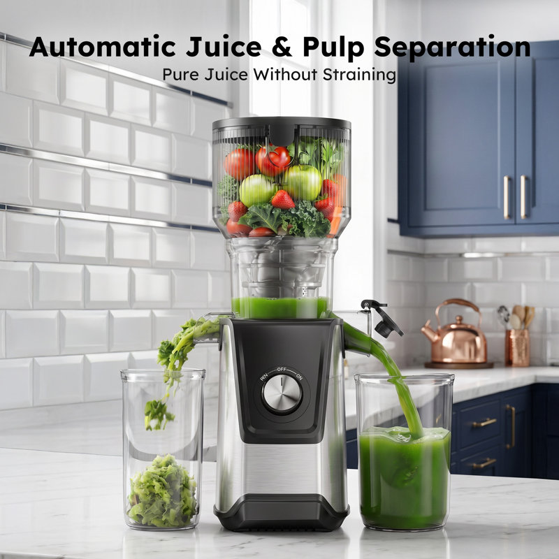 Extracteur de jus à mastication lente 120 V avec goulotte extra large de 12 po pour fruits et légumes entiers, facile à nettoyer en argent