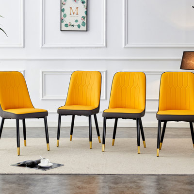 Collection 4 chaises de salle à manger modernes, dossier en cuir de polyuréthane gris-jaune, pieds en métal, siège rembourré épais pour une expérience de détente dans la cuisine, la chambre à coucher, collection de chaises de bureau 4, gris foncé orange, stable