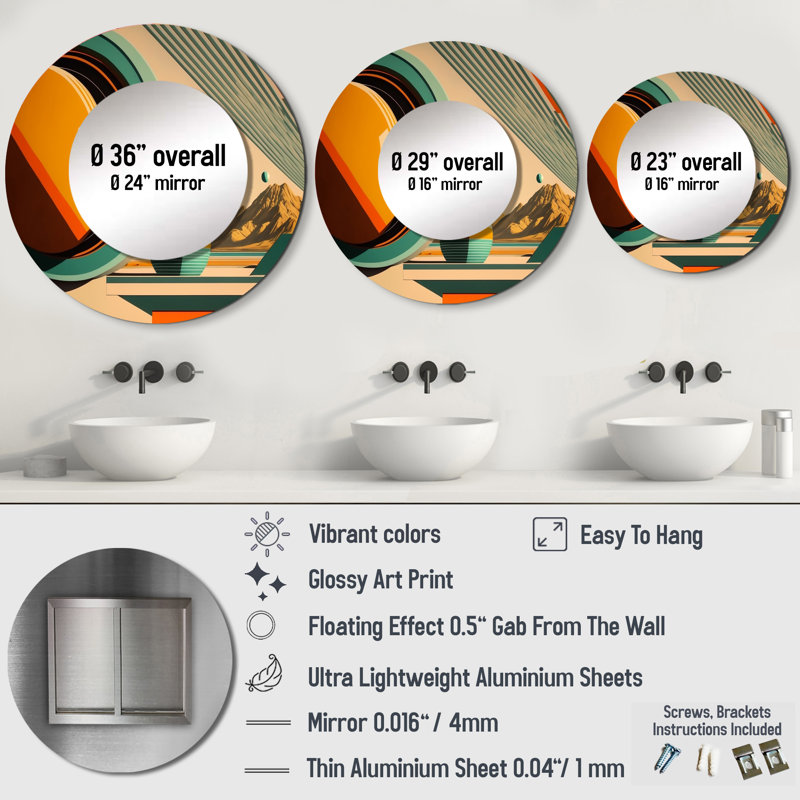Vintage Mid-century Graphics III - Midcentury Modern Unique Mirror, Modern Large Round Wall Mirror, Printed Metal Art