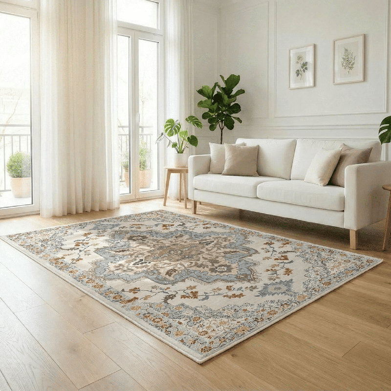 Tapis oriental à motif médaillon 5 x 7 lavable en machine avec envers antidérapant pour le salon de la chambre à coucher