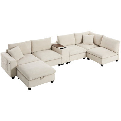 140'' U Shaped Sectional With Storage & Console - 6 Seat, Chenille, Wide Removable Pockets, , Cup Holder Oversized Modular Movable , Pure Foam Cushions,