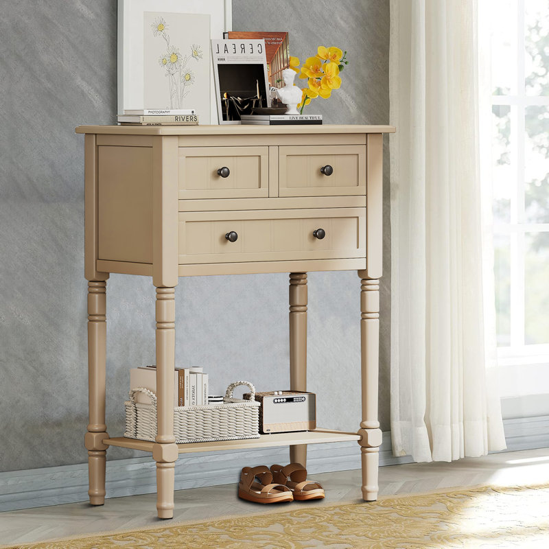 Console étroite, canapé mince avec trois tiroirs de rangement et tablette inférieure pour le salon, assemblage facile, Beige