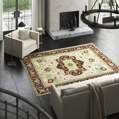 Tapis beige et rouge noué à la main de haute qualité