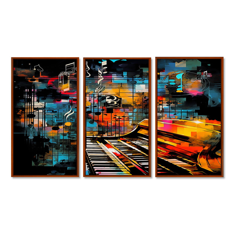 Colourful Piano Retro Collages 90S I - Ensemble de décorations murales piano, Cadre flottant brun, H 40 po x l 60 po x P 1 po
