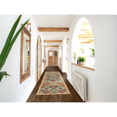 Tapis de couloir oriental géométrique en laine Kilim 3 x 13