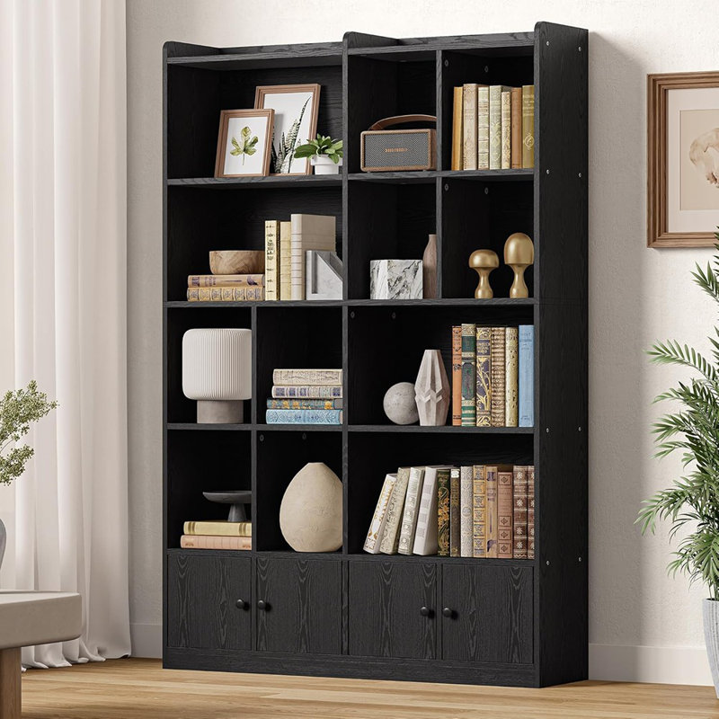 Bibliothèque à 6 niveaux avec 4 portes, étagères de rangement sur pied, noir, bois d'ingénierie, style moderne