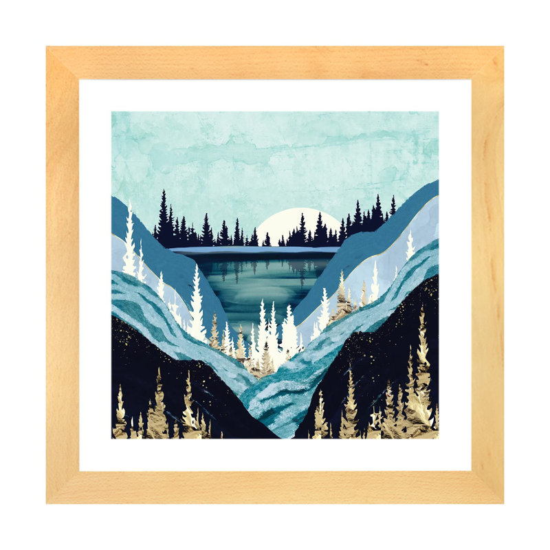 Blue Forest Lake - impression d'art graphique, H 24 po x l 24 po x p 1 po, Toile avec cadre en bois beige, Blanc