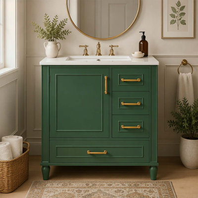 Ensemble de meuble-lavabo traditionnel vert de 76 cm (30 pouces) avec tiroirs à fermeture douce et poignées dorées, idéal pour les petites salles de bain.