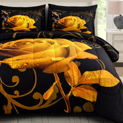 Reversible Rose 7 Pieces Bed in a Bag, Lightweight Soft Microfiber Bedding Set with Flat Sheet, Fitted Sheet, Pillowcases & Shams