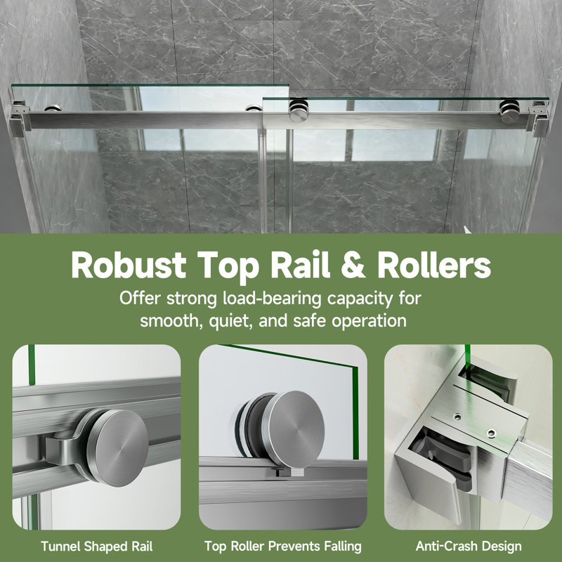 Porte de douche coulissante double sans cadre de 44 à 48 po x H 76 po avec verre trempé transparent de 5/16 po (8 mm)