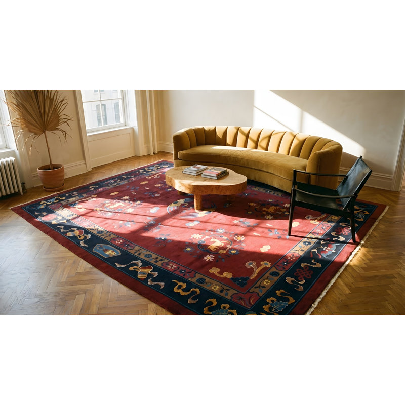 Tapis antique bleu, rouge, médaillon chinois des années 1900