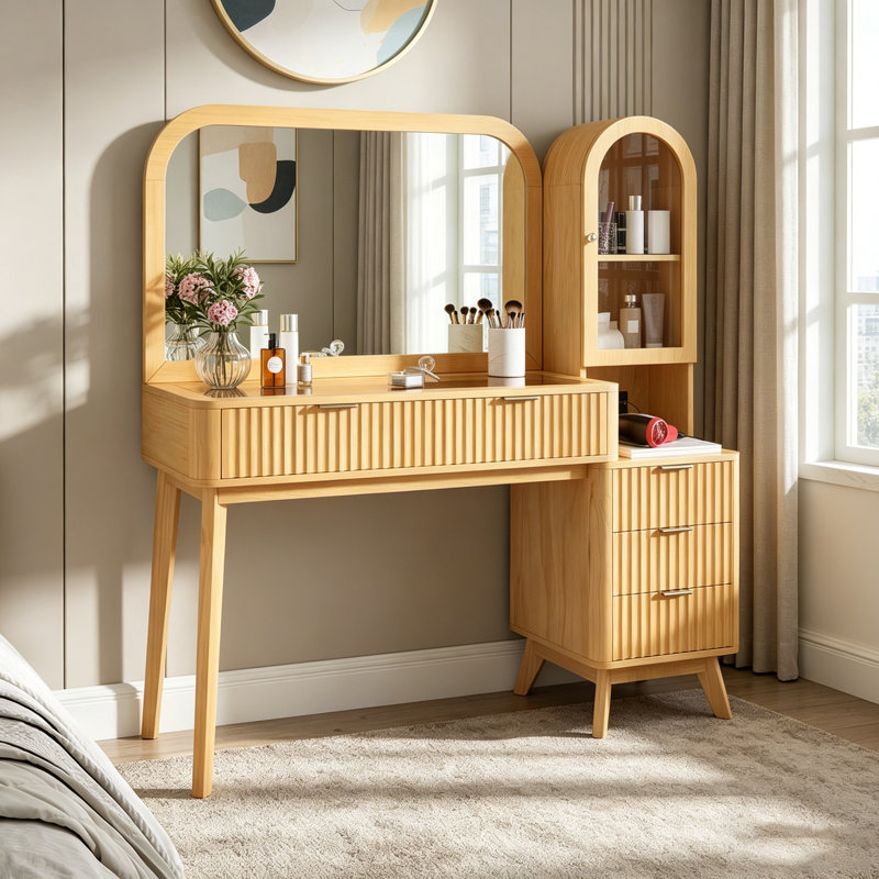 Meuble-lavabo cannelé avec grand miroir de 32 pouces, plateau en verre moderne et grand rangement pour les routines de beauté organisées