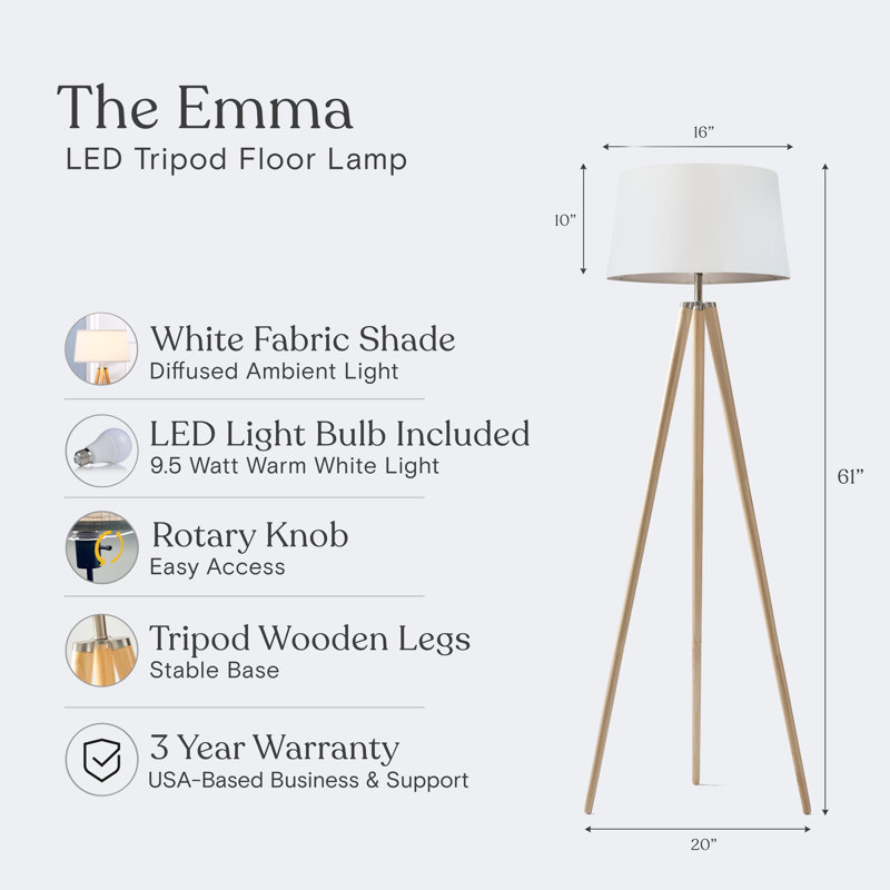 Emma 61 in. Mid-Century Modern LED Energy-Efficient Floor Lamp with Fabric Drum Shade and Tripod Wooden Legs, Wood