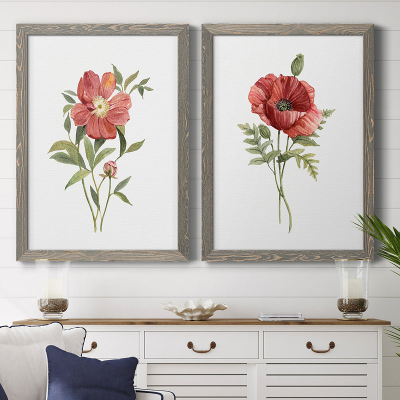 Pivoine écarlate - ensemble de 2 reproductions d'art, H 31,5 po x l 47 po x P 1,5 po, Toile avec cadre gris, Pas de tapis
