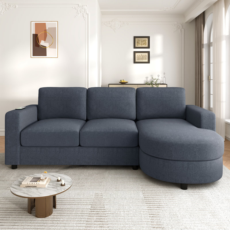 84" W L-Shaped Plywood Frame Chenille 3-Seats With Curved Chaise Lounge Sofa, With Side Storage Pockets And Usb Ports Upholstered Couch