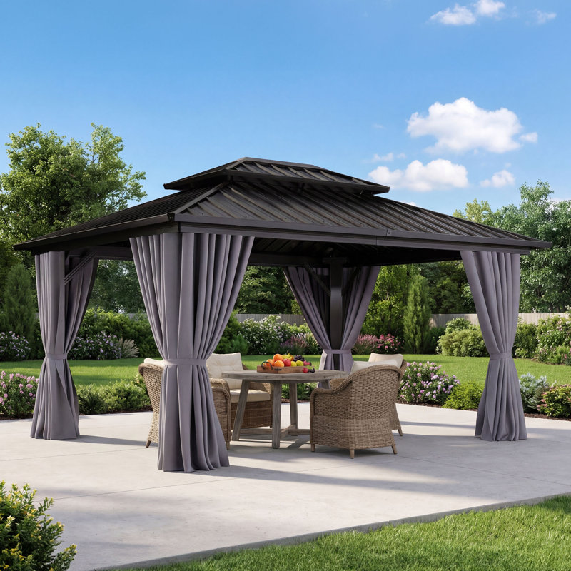 Pavillon de jardin d'extérieur en métal à toit rigide avec rideau d'intimité et moustiquaire, 10 pi x 12 pi