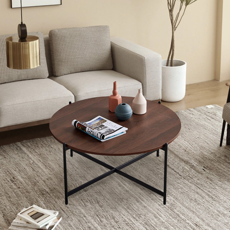 Table basse ronde moderne, structure en métal noir avec plateau en noyer - 36 po