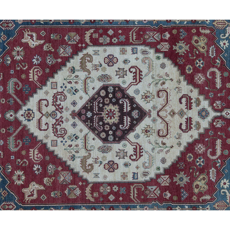 Tapis bleu, rouge et beige noué à la main de haute qualité