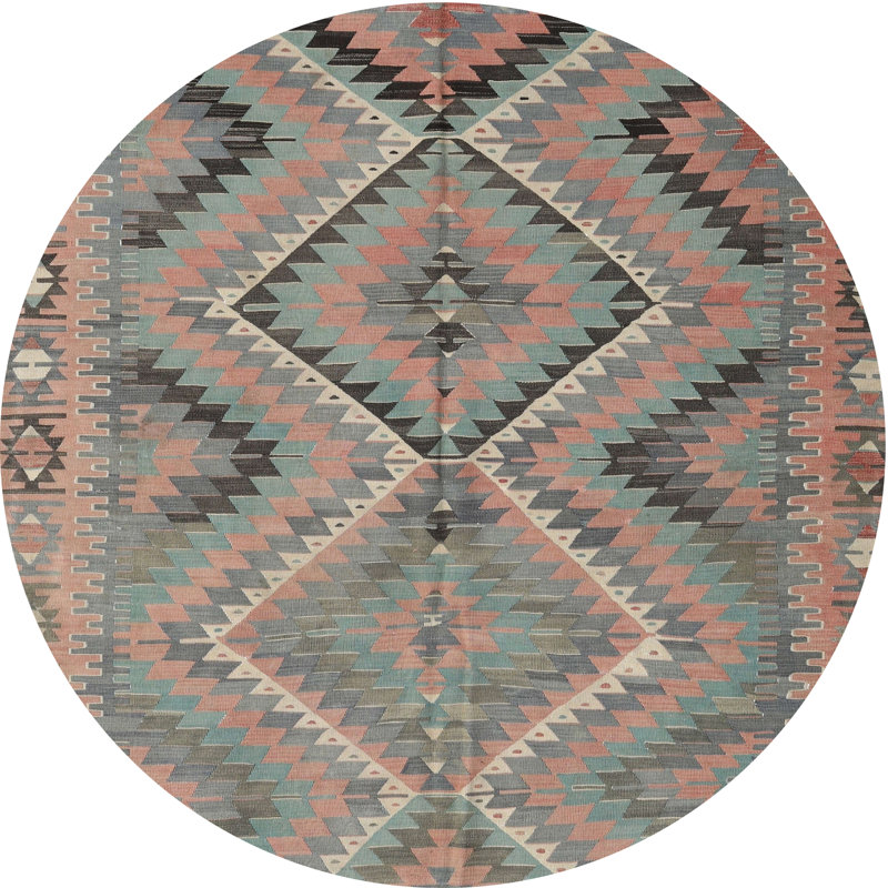 Tapis contemporain vert / rose / noir, Rond 6 pi x 6 pi