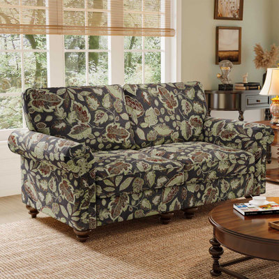 Clearance - Vintage Floral Printed 2-Seat Sofa Roll Armrest Classical Loveseat With Gourd Solid Wood Legs
