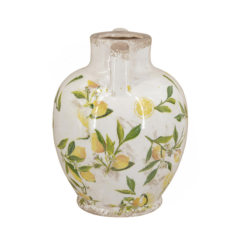 Vase en céramique 6,7 x 6,7 x 8,7 po avec motif jaune citron et petites poignées