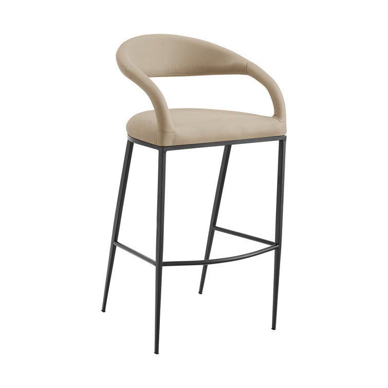 Ramona Modern Counter or Bar Height Barstool with Arms and Open Low Back in Iron Frame and Faux Leather
