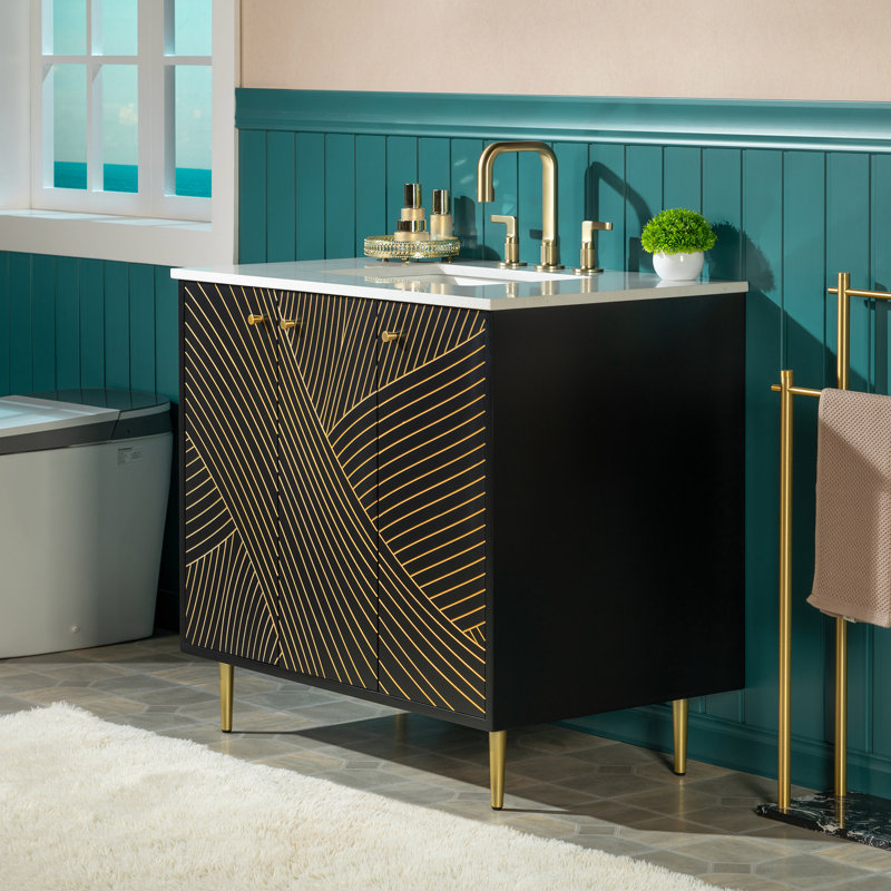 Eden 36" Modern Bathroom Vanity with White Engineered Stone Top, Undermount Sink & Hand-Painted Black/Gold Accents – Space-Saving Thin-Leg Design, Ideal for Small Bathrooms