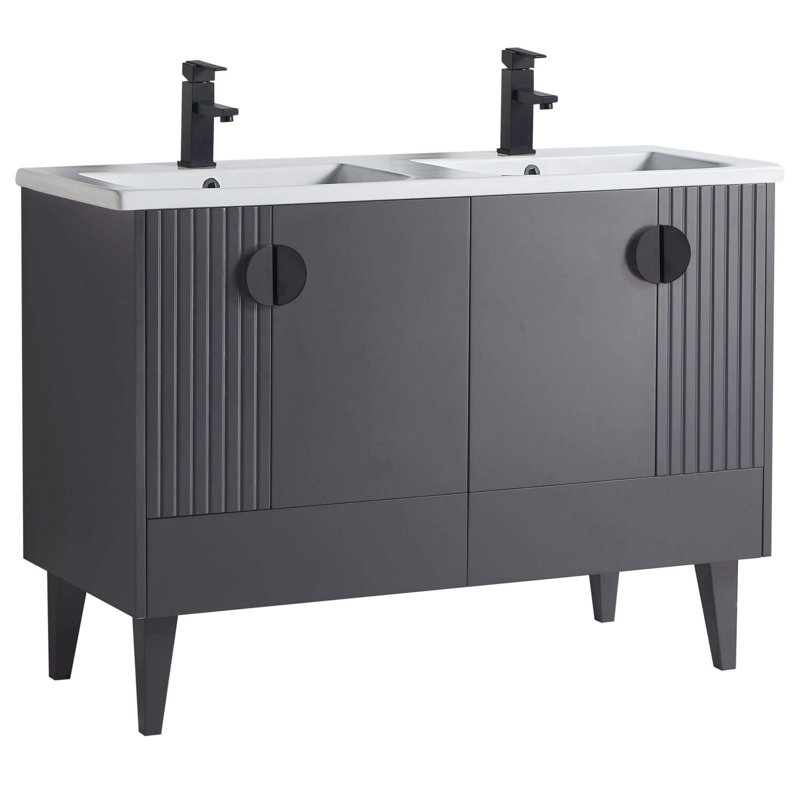 Ensemble de meuble-lavabo double 47 po Saimah, Noir, Gris roche