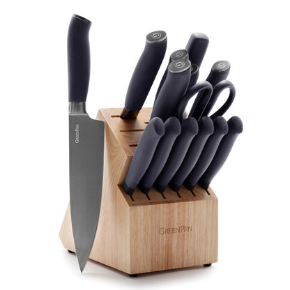 GreenLife High Carbon Stainless Steel 13 Piece Wood Knife Block Set with  Chef Steak Knives and more, Comfort Grip Handles, Triple Rivet Cutlery,  Soft