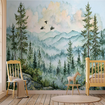 Peel and Stick Wallpaper Wall Mural Green Forest Woodland Nursery Room Pine Trees Mountains Fog Birds Wall Art Self Adhesive and Removable